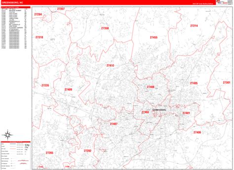 Greensboro North Carolina Zip Code Wall Map (Red Line Style) by ...