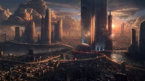 science fiction, futuristic city, city, clouds, sky, digital art ...