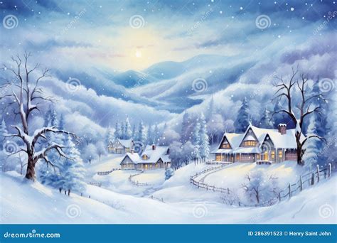 Watercolor Seasons: Snow-Covered Village Stock Illustration - Illustration of windows, paint ...