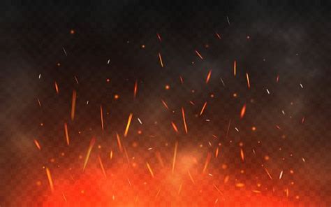 Fire sparks flying up. Glowing particles on a transparent background. Realistic fire and smoke ...