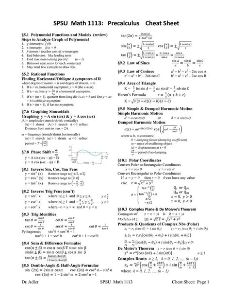 SPSU Math 1113 Precalculus Cheat Sheet - PDF - PDF | Math methods, Precalculus, Math courses