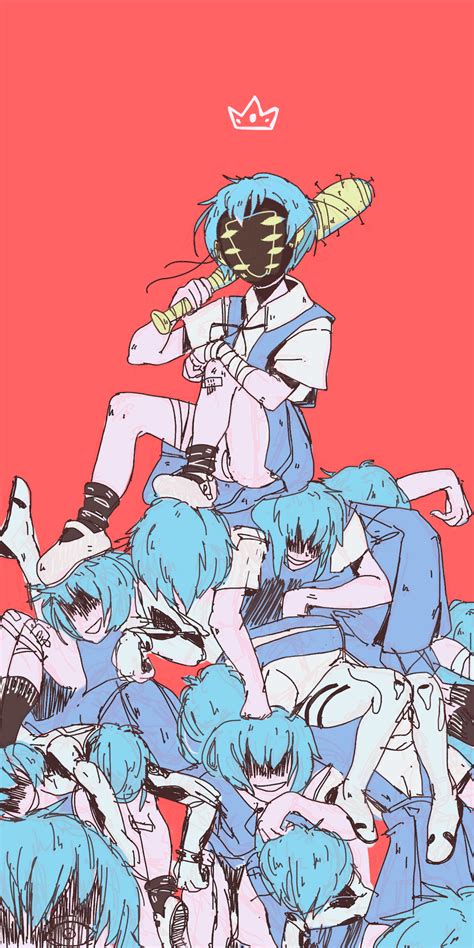 an image of a bunch of people with blue hair and one holding a baseball bat
