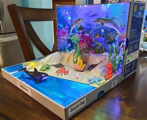 Shoebox diorama project for 4th grade. Materials: shoebox, holographic ribbon, led lights ...