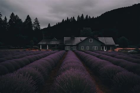 Premium AI Image | A large field of lavender plants with a house in the ...