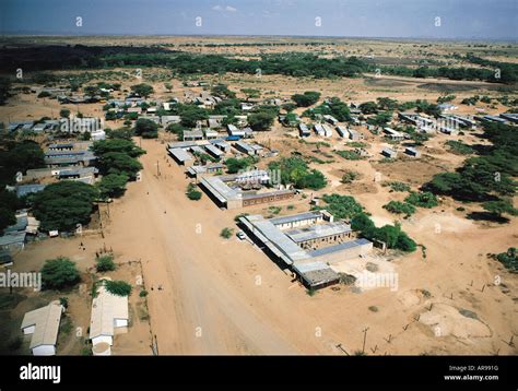 Aerial view of main street of Lodwar town in northern Kenya East Africa ...