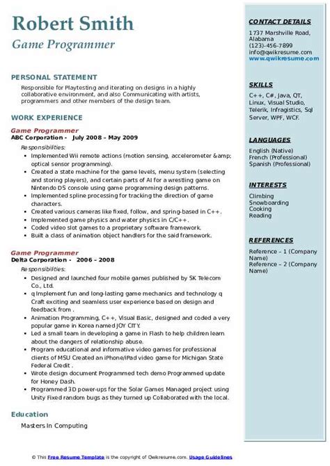 Game Programmer Resume Samples | QwikResume