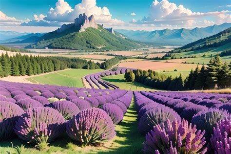 Premium AI Image | A landscape of lavender fields with a mountain in the background.