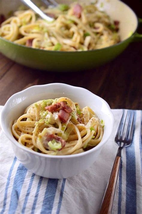 Gluten free pasta tossed in a creamy leek and bacon sauce. Bacon Sauce ...