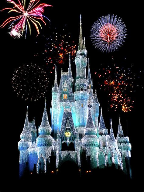 Magic Kingdom Castle In Frosty Light Blue with Fireworks 06 Photograph ...