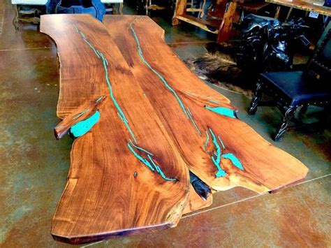 Live Edge Mesquite Rustic Dining Table Turquoise Inlay | Mesquite wood ...