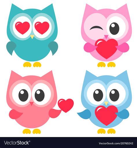 Set of cute colorful owls with hearts Royalty Free Vector