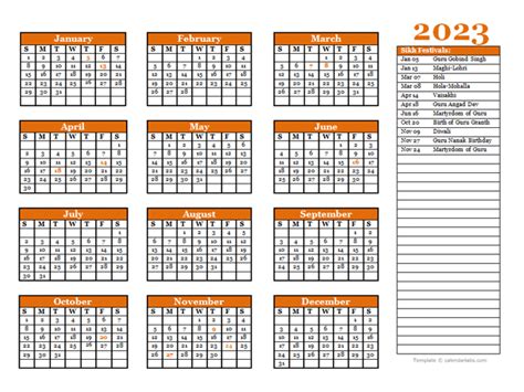 2023 Sikh Festivals Calendar Template - Free Printable Templates