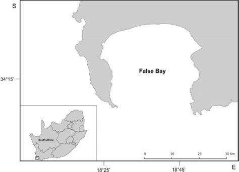 Map of False Bay in the Western Cape of South Africa. | Download ...