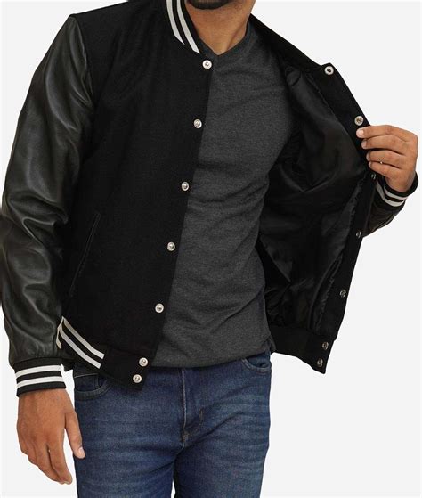 Mens Wool Black Varsity Jacket Leather Sleeves - The Jacket Spot