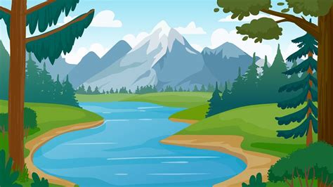 Mountain and lake landscape. Cartoon rocky mountains, forest and river ...