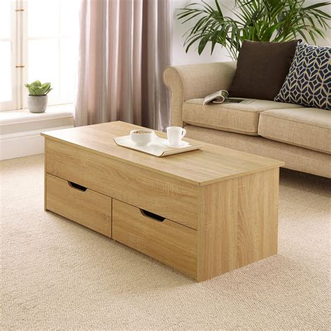 Oak Wooden Coffee Table With Lift Up Top and 2 Large Storage Drawers Bruges | eBay
