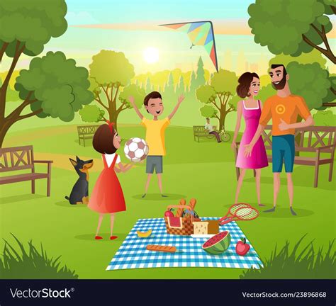 Happy family picnic in city park cartoon Vector Image | Happy family ...