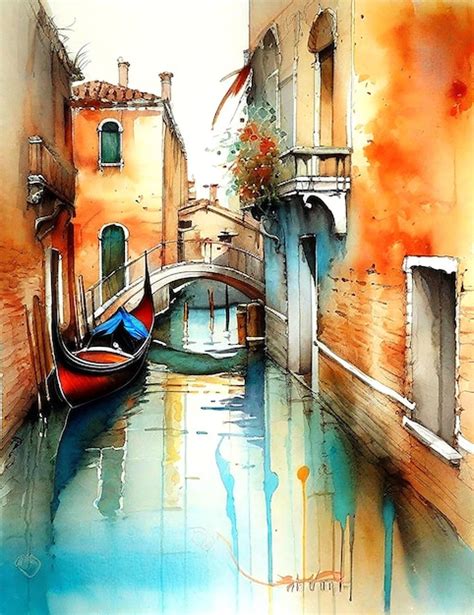 Premium AI Image | A watercolor painting of a boat in a canal