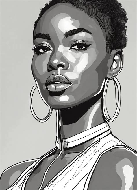 Lexica - Black and white line drawing, black woman, buzzed haircut, upper body, lines, shoulders ...