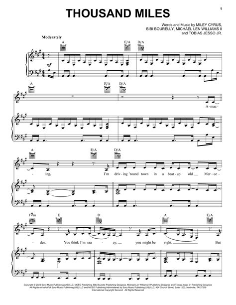 Thousand Miles (feat. Brandi Carlile) by Miley Cyrus Sheet Music for Piano, Vocal & Guitar ...