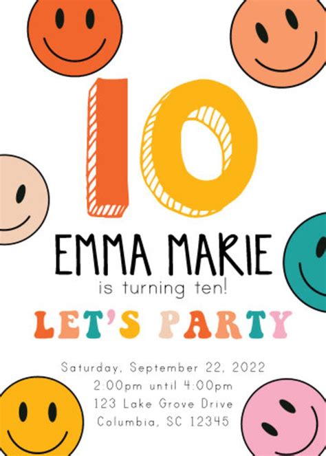 10th Birthday Invitation Smiley Faces Retro Girls Birthday - Etsy Singapore