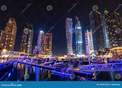 Dubai Marina Skyline at Night with Boats in the Harbor, United Arab ...