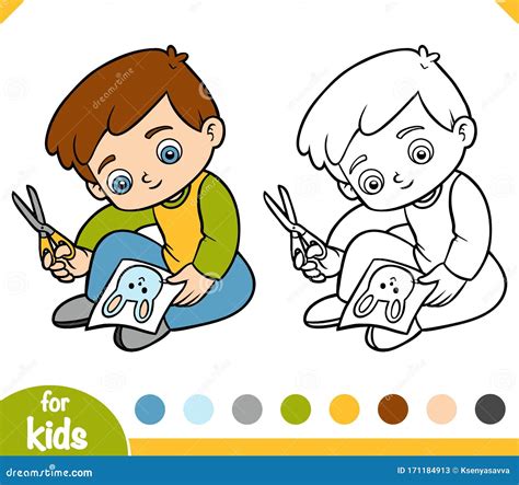 Coloring Book, Boy Cuts a Picture with Scissors Stock Vector - Illustration of creating ...