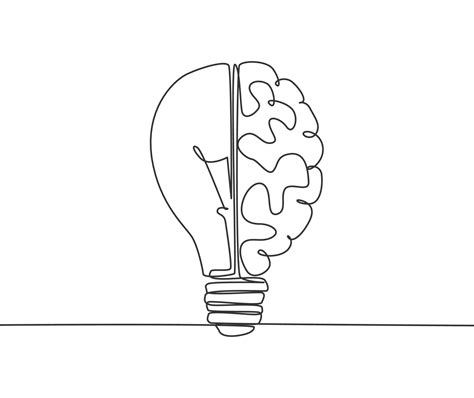 Single continuous line drawing of half light bulb and half human brain ...