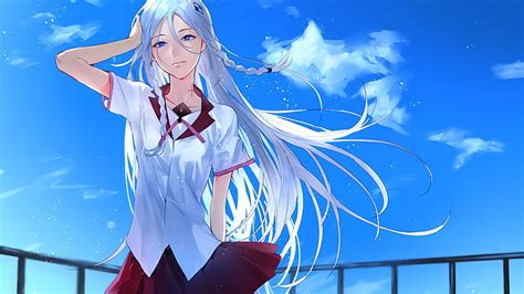 HD wallpaper: anime girls, school uniform, blue hair, blue background ...