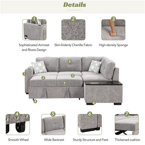 83.8" Reversible Sectional Pull-Out Sofa Bed L-Shaped Corner Sofa Couch ...