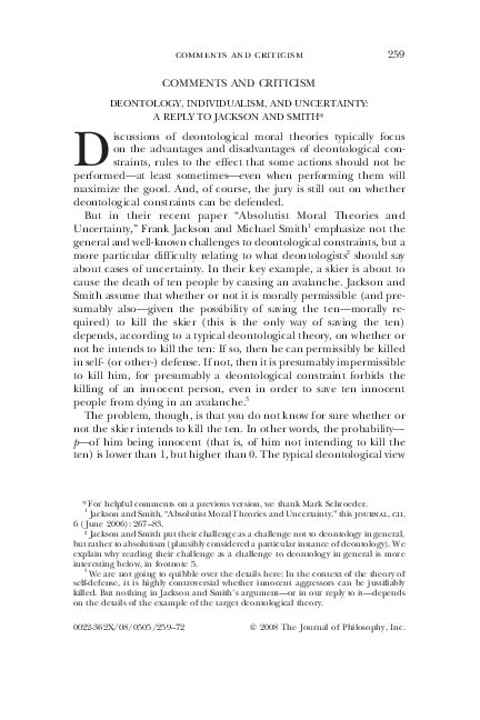 (PDF) COMMENTS AND CRITICISM-Deontology, Individualism, and Uncertainty ...