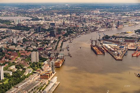 Aerial view of the Elbe river in Hamburg, Germany