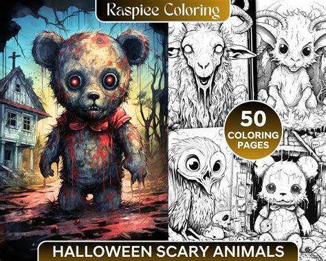 50 Halloween Scary Animals Grayscale Coloring Pages Printable for Adul