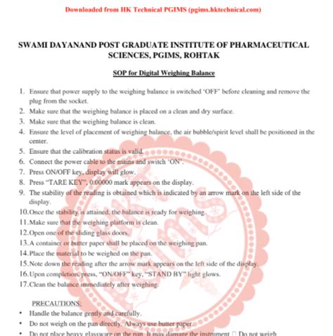 SOP (Standard Operating Procedure) for weighing balance B.Pharmacy 7th Semester PDF Download ...