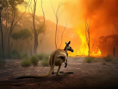 Premium Photo | Fire in australia kangaroo running from jungle fire bushfire in australia forest