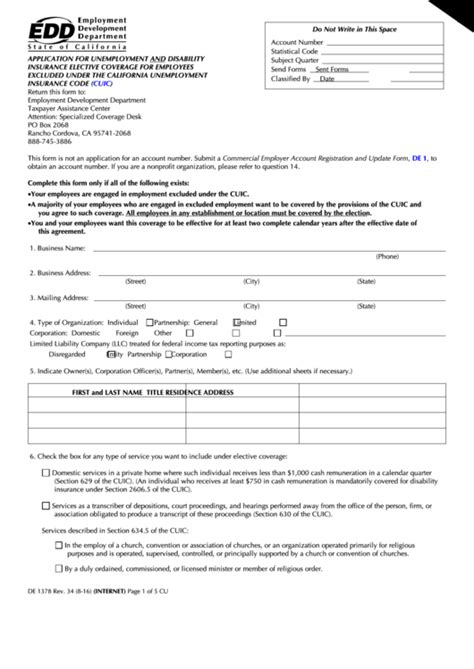 Fillable Form De 1378 - Application For Unemployment And Disability Insurance Elective Coverage ...