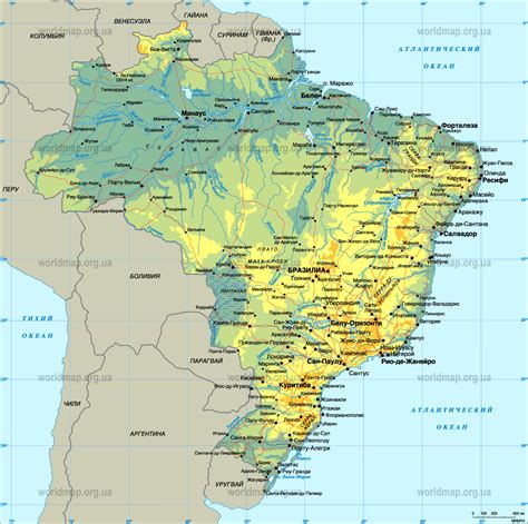 Физическая карта Бразилии / Physical Map of Brazil / Фізична мапа Бразілії