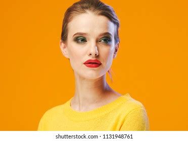Yellow Fashion Girl Woman Red Lipstick Stock Photo 1131948761 | Shutterstock