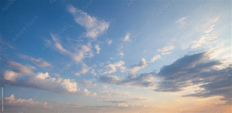 Blue sky clouds background. Beautiful landscape with clouds and orange ...