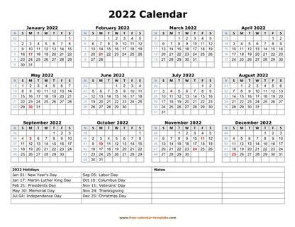 Printable Yearly Calendar 2022 | Free-calendar-template.com