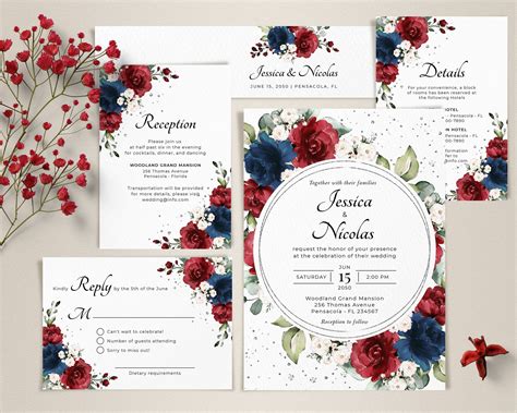 Burgundy and Navy Blue Wedding Invitation Template Suite | Etsy | Navy ...
