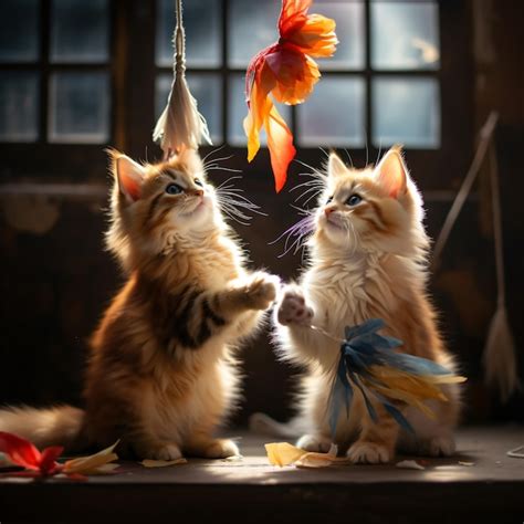 Premium AI Image | Two kittens playing with a dangling feather toy