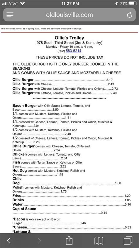 Menu at Ollie's Trolley fast food, Louisville