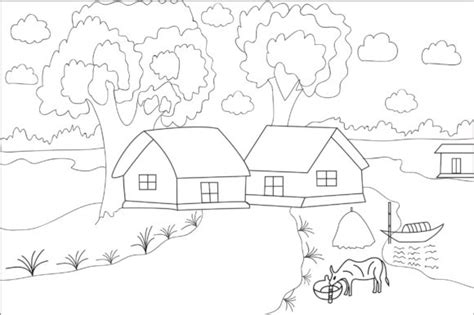 Easy Landscape Village Scenery Drawing Graphic by COLORART · Creative Fabrica