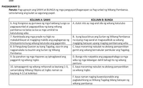 PAGSASANAY 2: Panuto: Pag-ugnayin ang SANHI at BUNGA ng mga pangyayari/kaganapan sa Pag-unlad ng ...