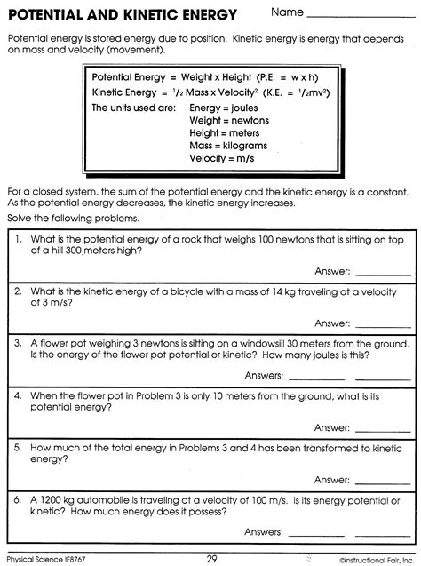 Potential Versus Kinetic Energy Worksheet