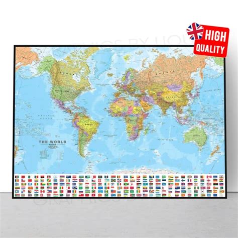 WORLD MAP ATLAS Political Wall Chart Educational Flags Poster Print A3 Laminated $15.97 - PicClick