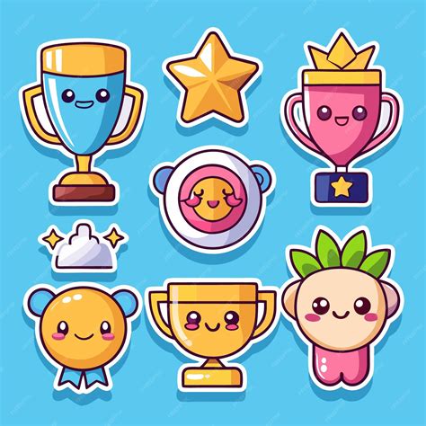 A set of cute cartoon trophy and awards including gold and silver ...