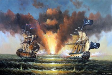 Pirate Ship Cannon Attack Sea Battle Ocean Stretched 24X36 Seascape Oil Painting | eBay