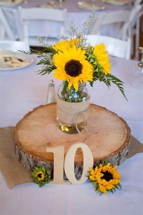 table decoration wedding summer sunflowers vase wood pane #decoration #summer… | Rustic ...